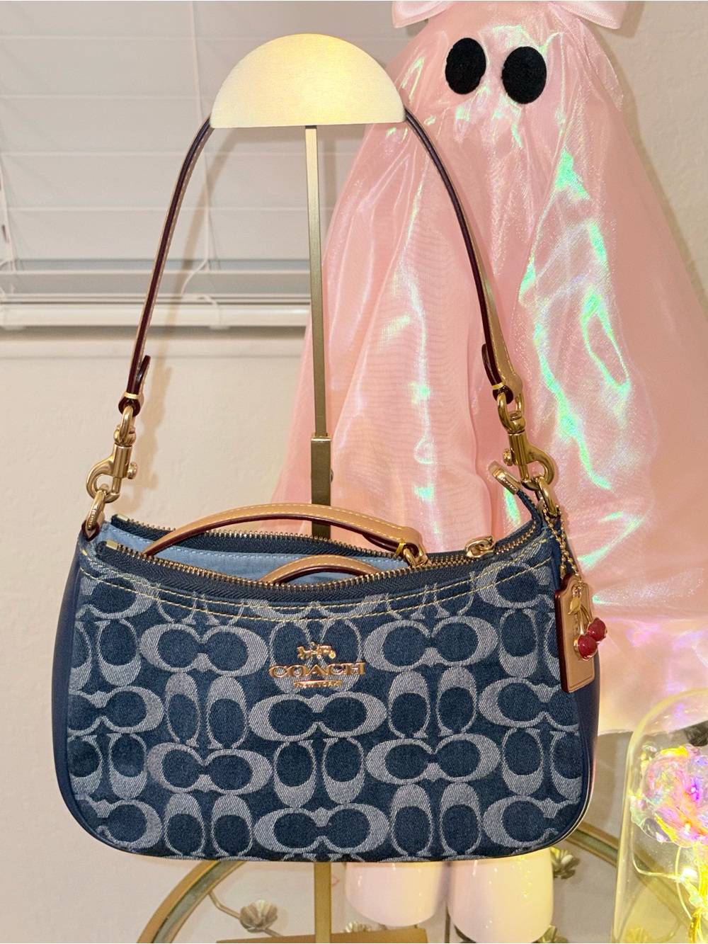 Coach Signature Denim Shoulder Bag with Leather Trim